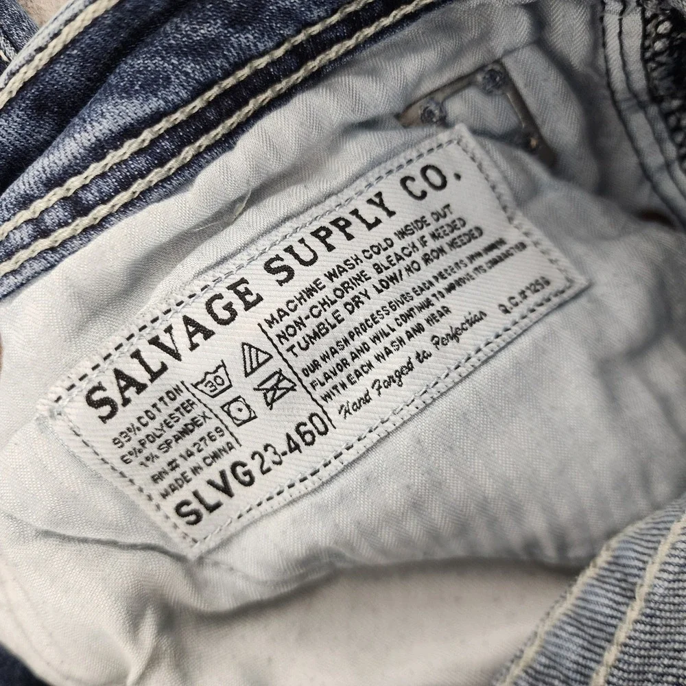 Salvage Mayhem Skinny Blue Distressed Buckle Whiskered Jeans Mens 30x30